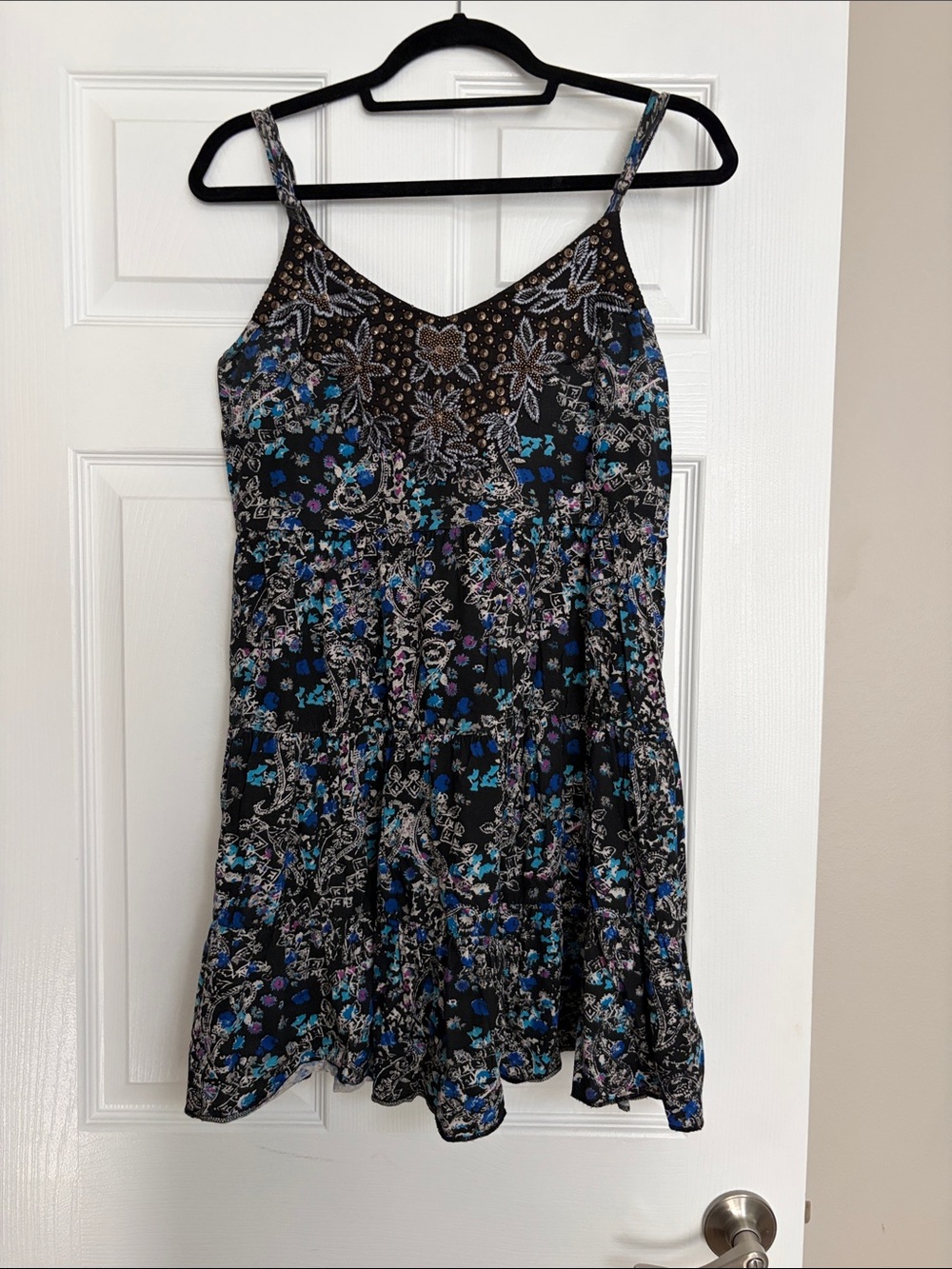 Free People beaded black Floral Spaghetti Strap babydoll Dress | size Medium